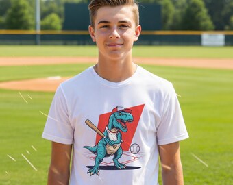 Maglietta da giocatore di baseball con dinosauro T-Rex - Ruggisci sul campo - Disponibile nelle taglie da ragazzo - Regalo per giocatore di baseball per adolescenti - Maglietta per papà che amano il baseball!