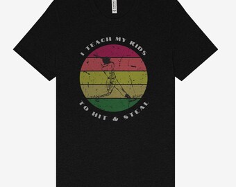 Maglietta da baseball "Insegno ai miei figli a colpire e rubare" - Atmosfera retrò al tramonto! Magliette per tifosi di mamma e papà - Maglietta da baseball divertente