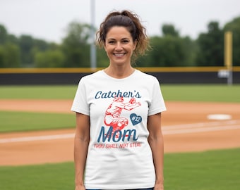 Maglietta Catchers Mom: NON RUBARE - Maglietta da baseball personalizzata - Scegli il numero del tuo giocatore - Oltre 75 colori!