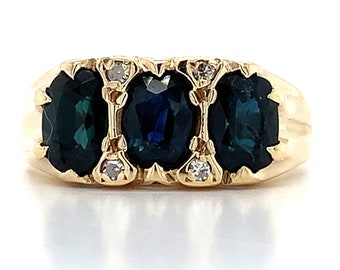 Vintage 9k Yellow Gold 3 Stone Oval Sapphire & Diamond Band Ring Size 5