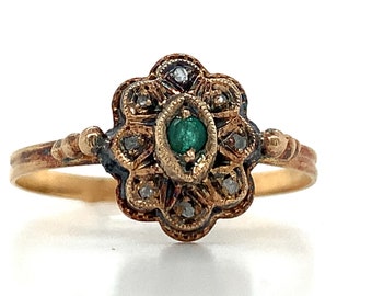 Antique 10k Rose Gold Round Green Emerald W/ Diamond Slice Halo Ring Size 7