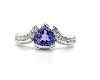 14 White Gold Trillion Cut Purple Tanzanite and Accent Round White Diamond Ring