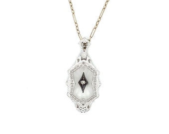 Art Deco 10K White Gold Diamond Camphor Glass Pendant W/ 14k Chain
