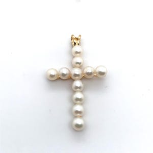 Vintage 14k Yellow Gold White Pearl Cross Shaped Loop Bail Pendant