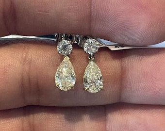 18k Gold Fancy Light Yellow Pear Shape & Round Diamond Drop Earrings 2.64cttw