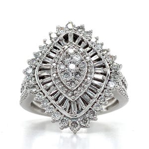 Vintage 10k White Gold Cluster Baguette and Round Diamond Cocktail Ring Size 7