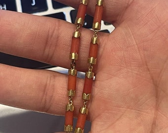 Vintage 14k Yellow Gold Cylinder Coral 2 Row Bracelet 7 Inches