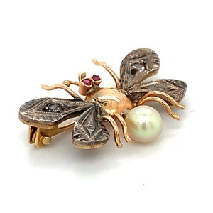 Vintage 14k Yellow Gold & Silver Round CZ Ruby Eyes and Pearl Fly ...