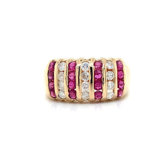 14k Yellow Gold Alternating Rows Round Ruby and D… - image 1