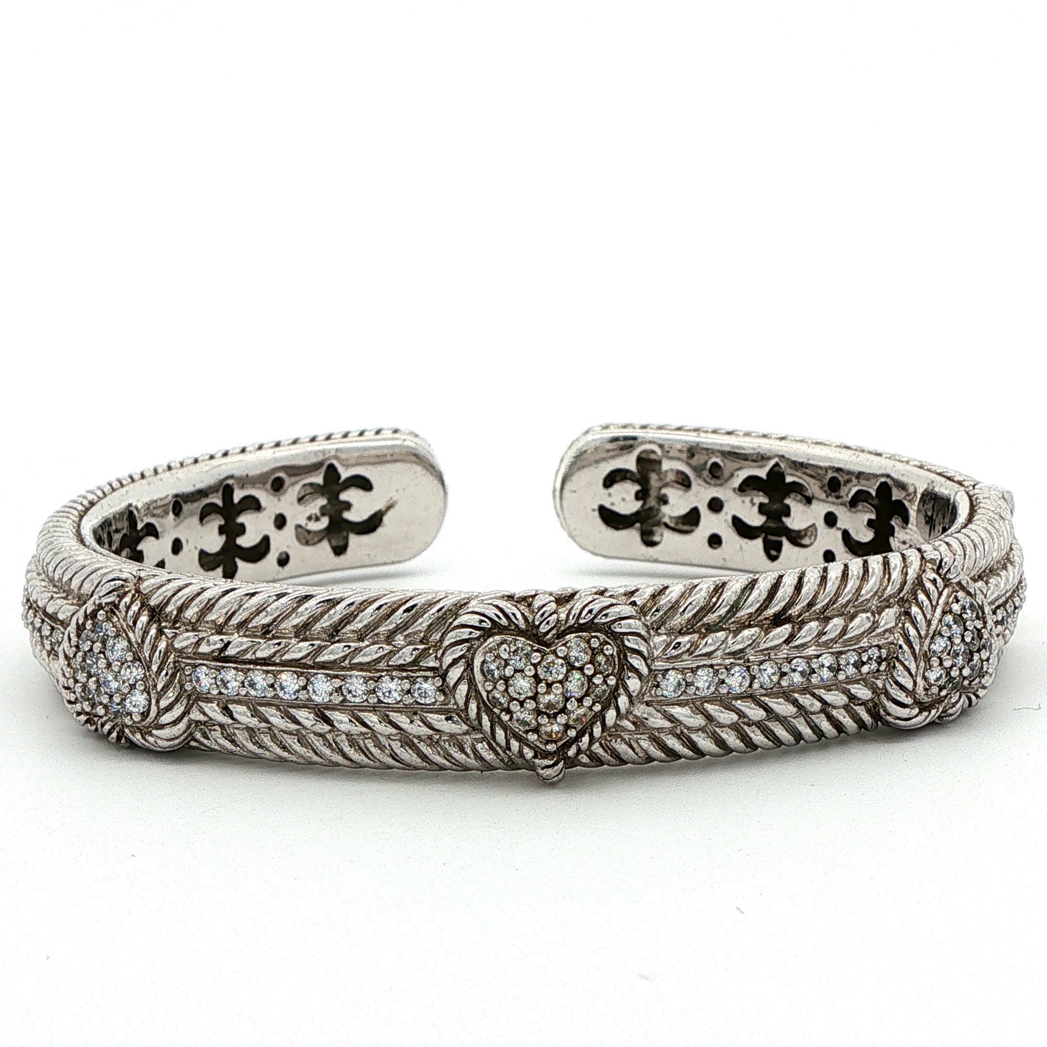 Judith Ripka 925 Ss Twisted Cable Hinged Cuff Bangle W/cluster Cz