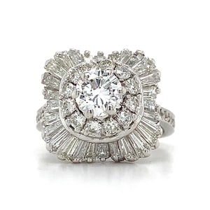 14k White Gold Round Center With Round and Baguette Diamond Ballerina Ring