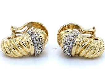 David Yurman Vintage 18k Yellow Gold Cable Shrimp Diamond Huggie Clip Earrings