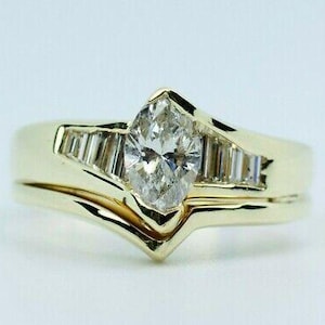 14k Yellow Gold Marquise Cut Diamond W/ Baguette Diamonds Wedding Set Ring