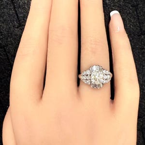 Vintage Iridium Platinum Round Cut Diamond W/ Single & Baguette Cut Diamond Ring