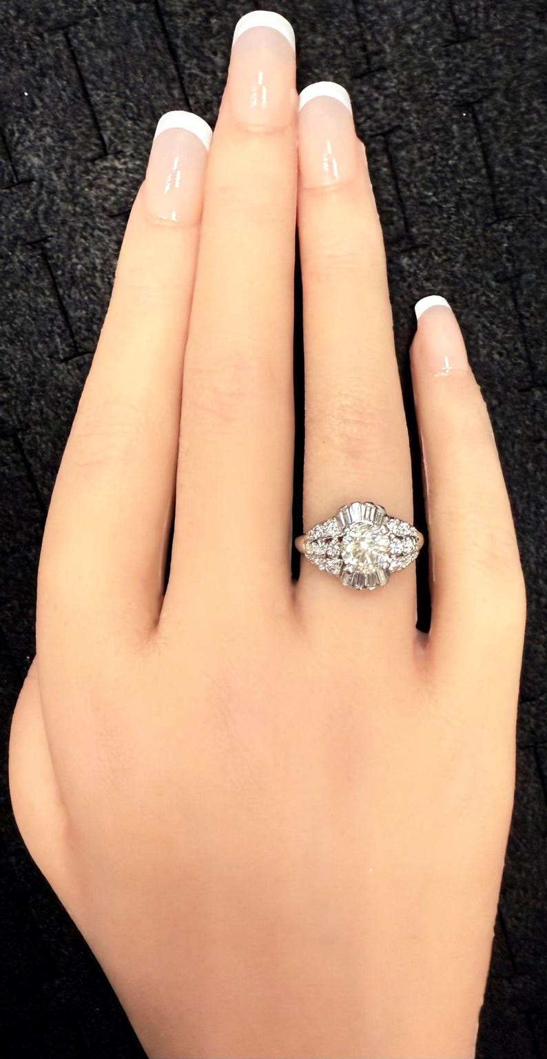 Vintage Iridium Platinum Round Cut Diamond W/ Single & Baguette Cut Diamond Ring