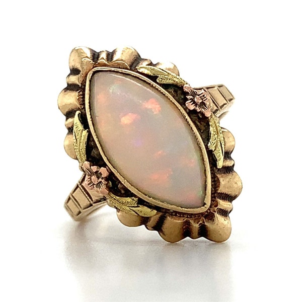 Vintage 10k Yellow Gold Marquise Shape Opal Solitaire Ring Size 5.5