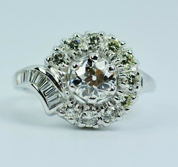 Vintage Platinum European Cut With Baguette Diamond And Single Cut Diamond Ring Size 6
