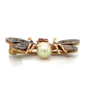 Vintage 14k Yellow Gold & Silver Round CZ Ruby Eyes and Pearl Fly ...