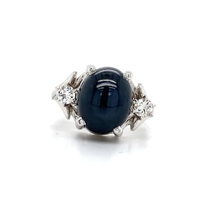 Vintage 14k White Gold Cabochon Dark  Star Sapphire and .3ct Diamond Ring Size 5