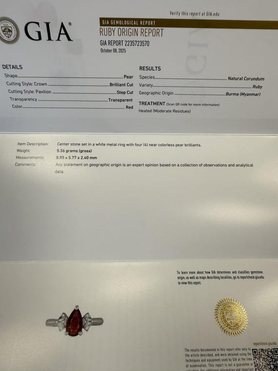 Platinum Gia Burma Pear Shape Ruby With Pear Shap… - image 2
