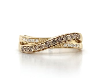 Le Vian 14k Yellow Gold Chocolate Brown & White Round Diamond Cross Over Band