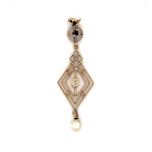 Retro 14k Yellow Gold European Diamond W/ Round Garnet & Dangling Pearl Pendant