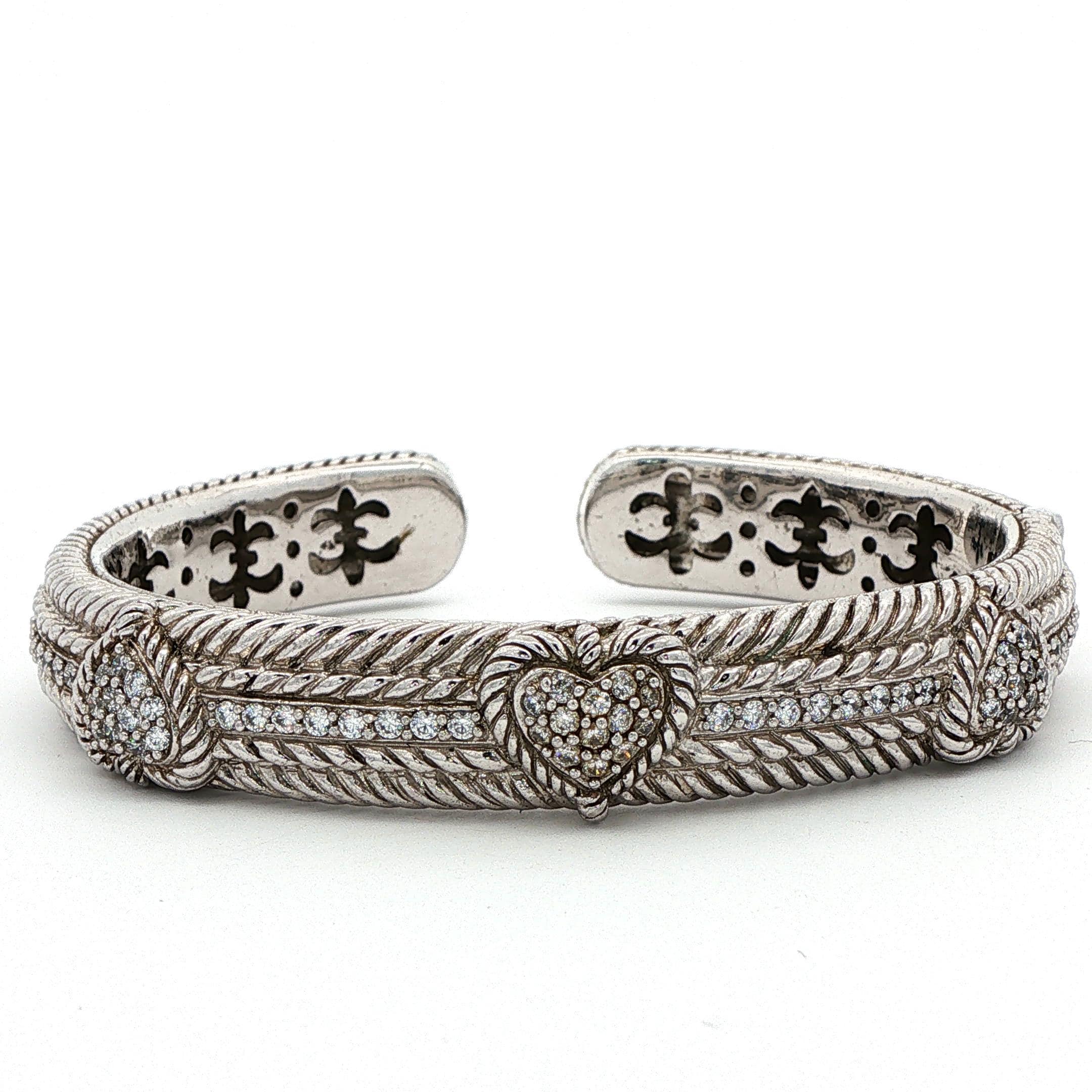 Judith Ripka 925 Ss Twisted Cable Hinged Cuff Bangle W/cluster Cz