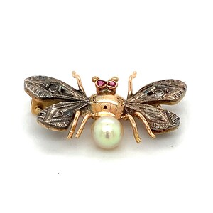 Vintage 14k Yellow Gold & Silver Round CZ Ruby Eyes and Pearl Fly ...