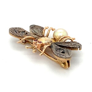 Vintage 14k Yellow Gold & Silver Round CZ Ruby Eyes and Pearl Fly ...