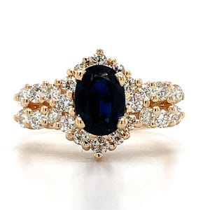 14k Yellow Gold Oval Cut Sapphire Two Row Shank Diamond Halo Ring