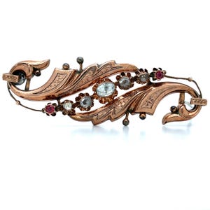 Antique Victorian 10k Rose Gold Rose Cut Diamond and Ruby Brooch Pendant