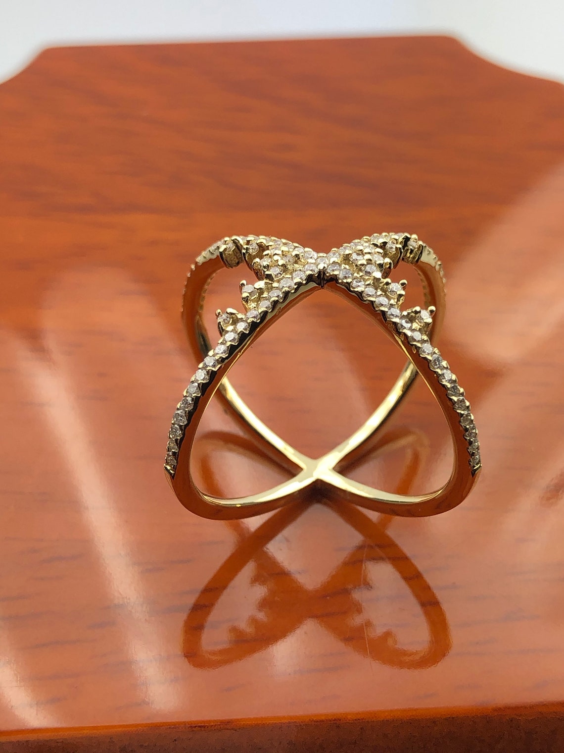 14k Yellow Gold Round White Diamond Unique X Shape Ring Etsy