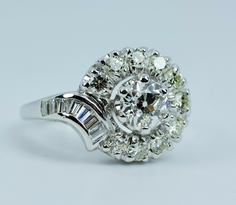 Corte europeu de platina vintage com diamante baguete e anel de diamante de corte único tamanho 6 imagem 3