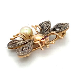 Vintage 14k Yellow Gold & Silver Round CZ Ruby Eyes and Pearl Fly ...