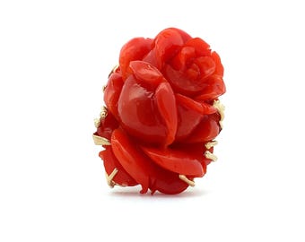 Anillo solitario de cóctel vintage de oro amarillo de 14k tallado a mano en rosa coral burdeos.