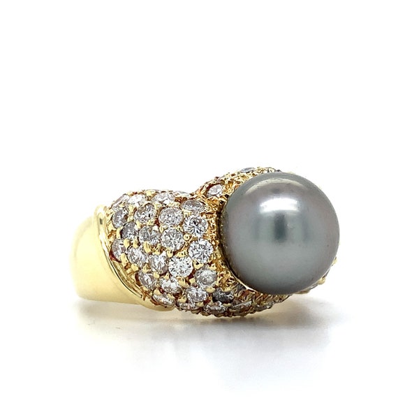 Vintage 18k Yellow Gold Tahitian Pearl W/ 1.8 Ct Round Diamond Wrap Around Ring