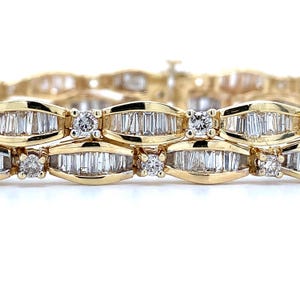 14k Yellow Gold Baguette and Round White Diamond 7.25ctw Tennis Bracelet