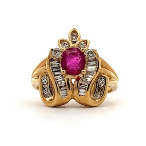 18k Yellow Gold Oval Ruby and .50ct Baguette & Round Cut Diamond Ring