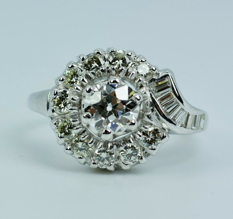 Corte europeu de platina vintage com diamante baguete e anel de diamante de corte único tamanho 6 imagem 4