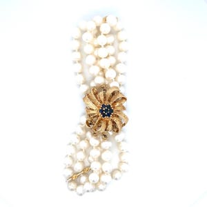 Vintage 14k Yellow Gold Pearl 3 Row Bracelet W/ Blue Sapphires & Round Diamonds
