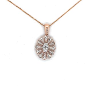 14k Rose Gold Round Diamond Cluster Vintage Style Oval Floral Pendant Necklace