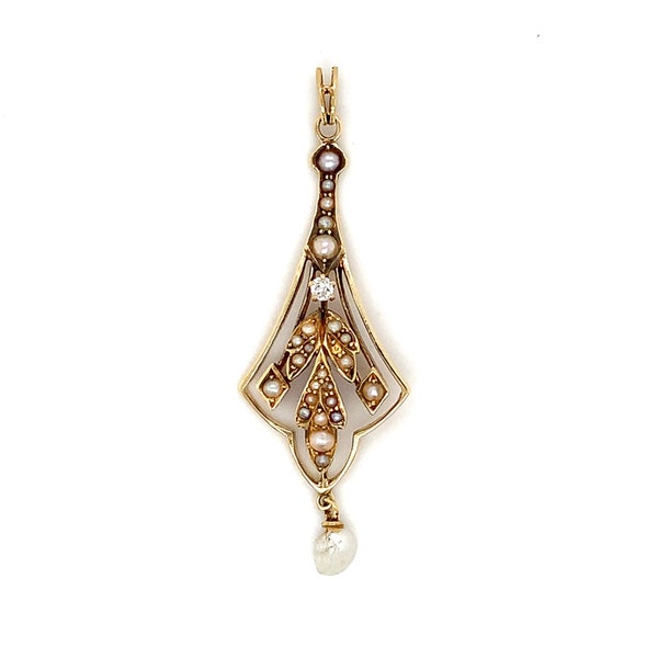 Vintage 14k Yellow Gold European Diamond And Pearl Seeds & Dangling Pearl Pendant