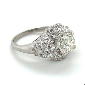 Vintage Iridium Platinum Round Cut Diamond W/ Single & Baguette Cut Diamond Ring