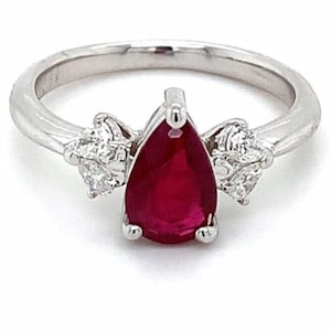 Platinum Pear Shape Ruby With Pear Shape Diamond 3 Stone Design Ring Size 7