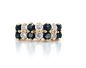 14k Yellow Gold Alternating 2 Row Blue Sapphire & Diamond Step Up Band Ring