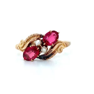 Antique Victorian Art Deco 10k Rose Gold 2 Stone Oval Ruby & Pearl Seed Ring