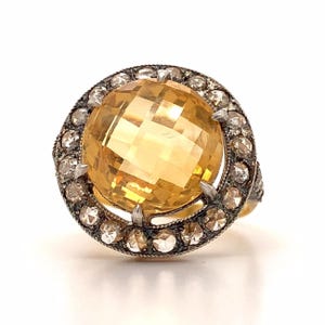18k Yellow Gold Round Checkerboard Citrine W/ a Halo of Rose Cut Diamonds Ring