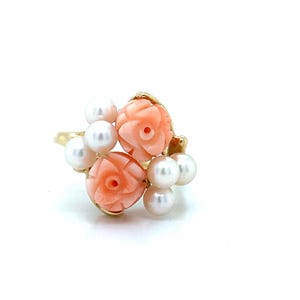 Vintage 14k Yellow Gold Hand Carved Orange Coral & White Pearl Flower Ring