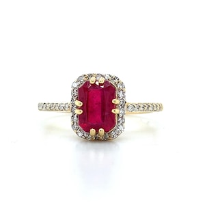 18k Yellow Gold Emerald Cut Red Ruby and Diamond Halo Ring Size 6