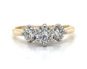 14k Yellow & White Gold Round White Diamond Three-Stone Ring Size 7.5